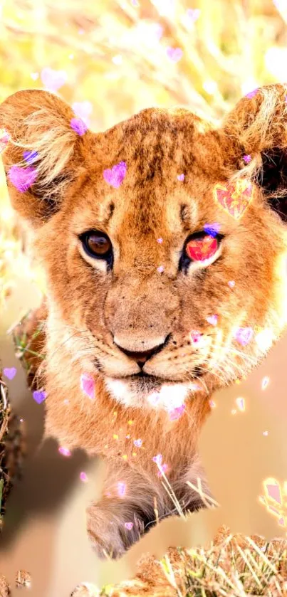 Cute lion cub with pink heart overlays in nature background.