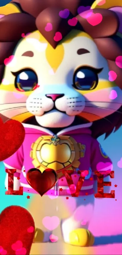 Adorable animated lion wallpaper with hearts and 'Love' text.