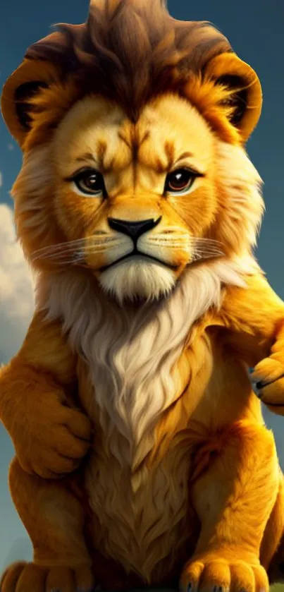 Cute cartoon lion in a vibrant yellow design on mobile wallpaper.