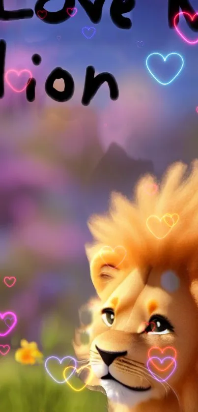 Cute lion with glowing hearts and dreamy background.