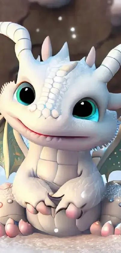 Adorable baby dragon sitting in snow with a whimsical winter background.