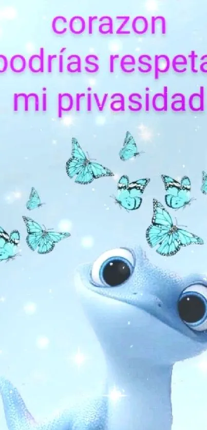 Cute blue lizard with butterflies and text wallpaper.