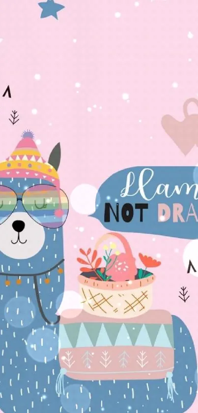 Cute llama illustration with pink background and playful text.