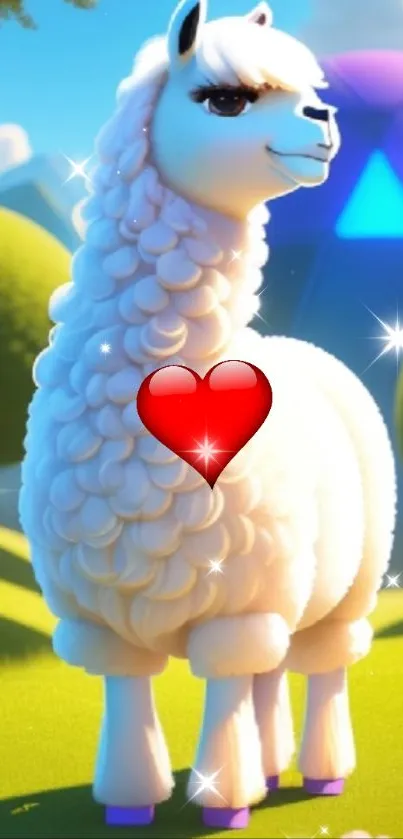 Adorable white llama with heart and sparkles in a vibrant cartoon setting.