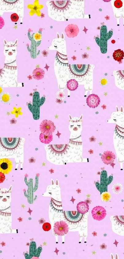 Playful llama and cactus design on pink for phone wallpaper.