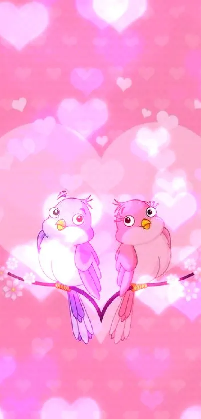 Cute pink wallpaper with two love birds on a heart background.