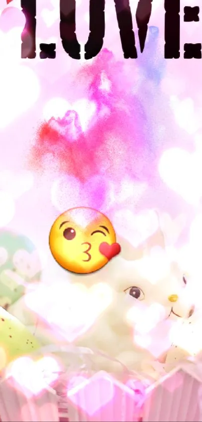 Cute bunny wallpaper with love icons and pastel colors.