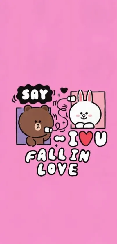 Cute love-themed cartoon illustration wallpaper in pink background.