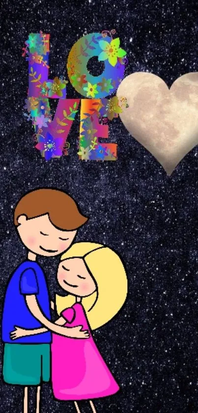 Cartoon couple hugging under a love moon.