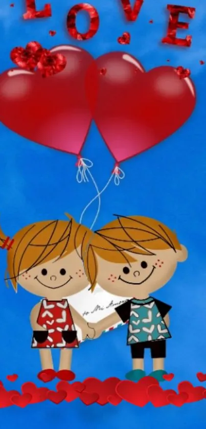 Cartoon couple with heart balloons on a blue sky background.