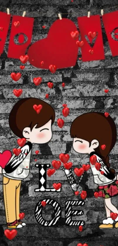 Cute love couple wallpaper with red heart accents and brick background.