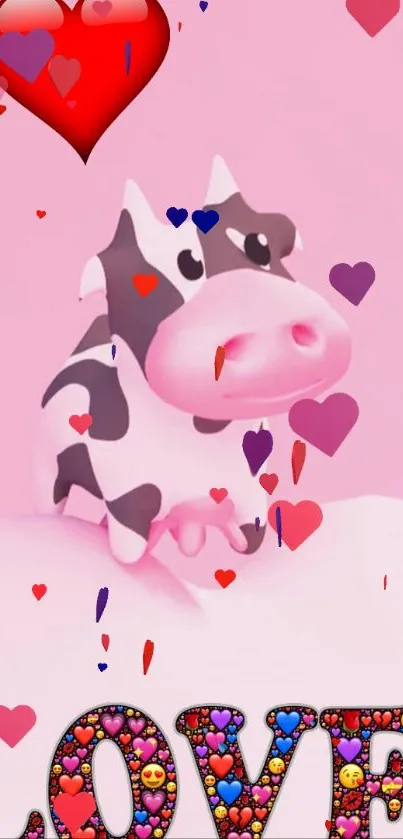 Cute cartoon cow surrounded by hearts with Love on pink wallpaper.