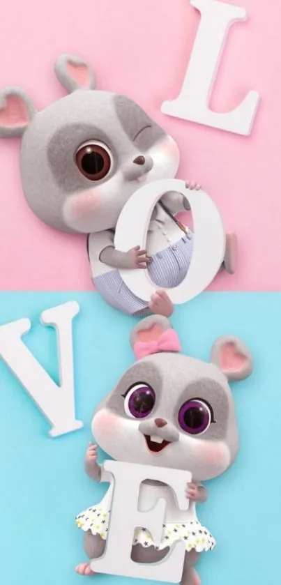 Cute cartoon hamsters with LOVE letters, pink and blue background.