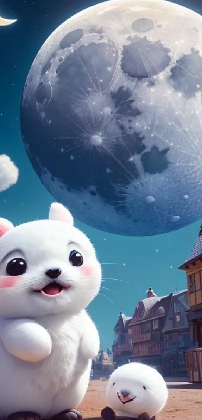 Adorable white creatures with moonlit, whimsical background.