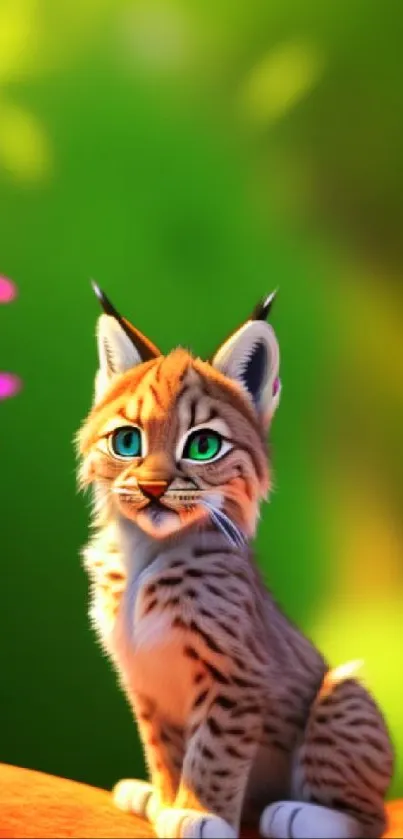 Adorable cartoon lynx on a sunny green background with flowers.