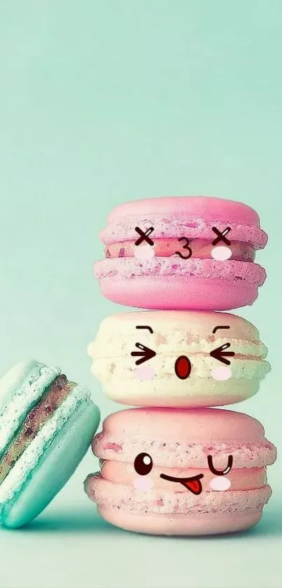 Cute macaron trio with animated faces.