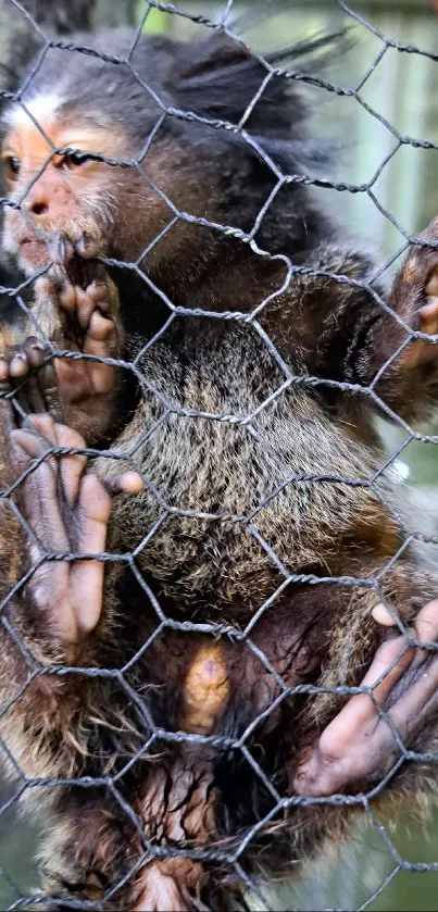 Marmoset monkey climbing a wire fence in close-up view.