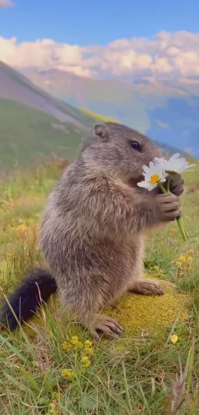 Cute marmot holding daisies in mountain landscape wallpaper.