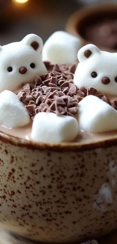 Cute bear-shaped marshmallows in hot chocolate mug.
