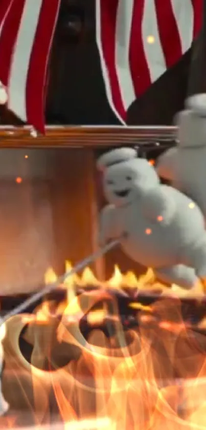 Adorable marshmallow figures having fun near fire grill.