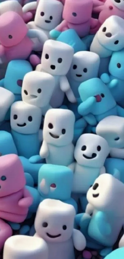 Cute pastel marshmallow creatures with smiling faces.