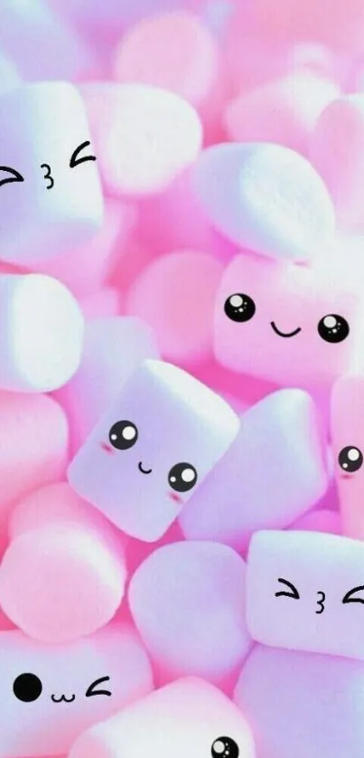 Cute pastel marshmallow wallpaper with kawaii faces.