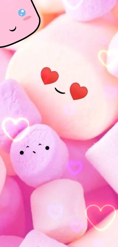Cute and playful pink marshmallow wallpaper with heart faces.
