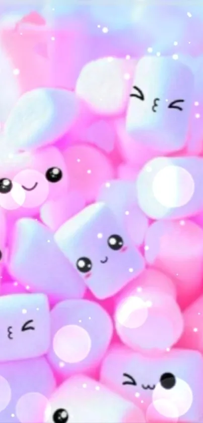 Kawaii marshmallow pink and blue wallpaper with cute faces.