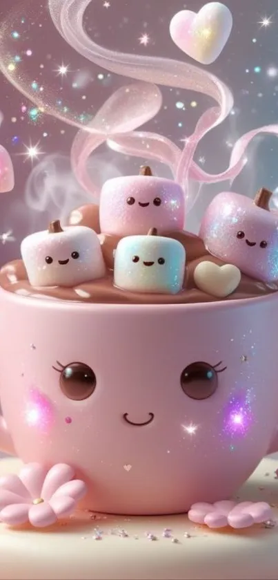 Cute kawaii mug with marshmallows and hearts.