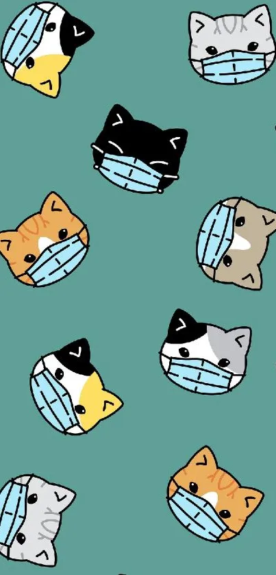 Cats wearing masks on teal background wallpaper.