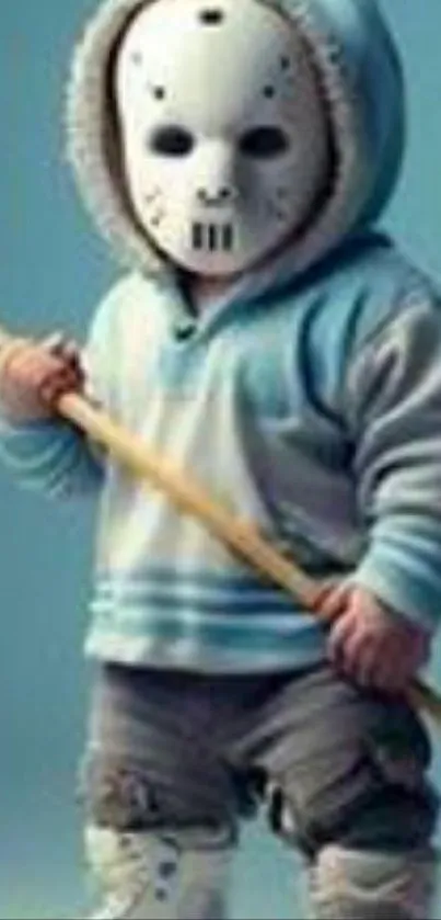 Adorable child in hoodie with hockey mask holding stick on blue background.