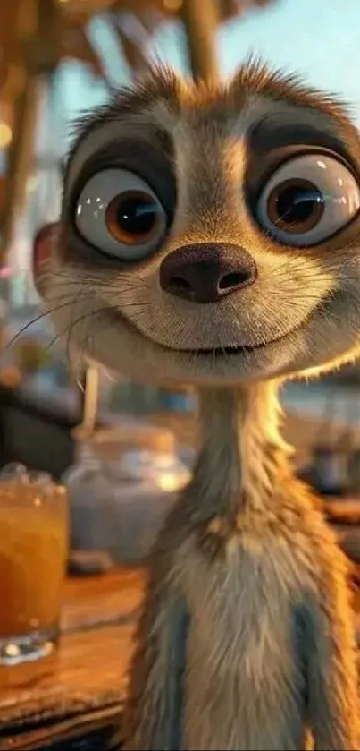 Cute cartoon meerkat with big eyes against a sunset background on a mobile wallpaper.