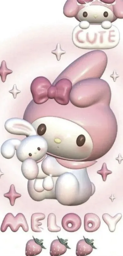 Cute Melody cartoon with pastel pink and strawberries.