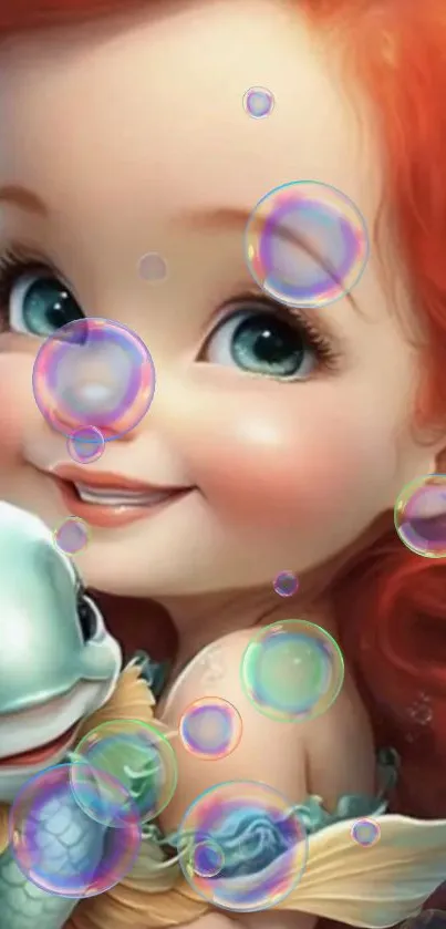 Cute mermaid with bubbles and red hair mobile wallpaper.