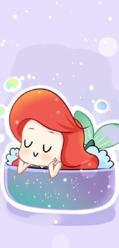 Cute cartoon mermaid in a pastel sea shell background.