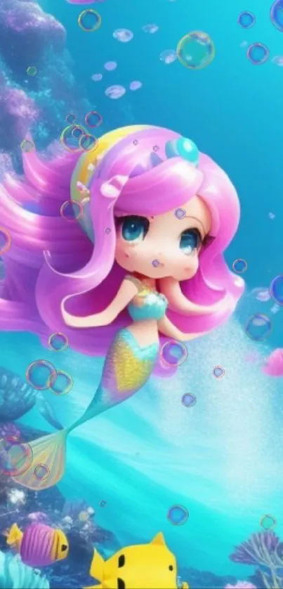 Cartoon mermaid with pink hair underwater.