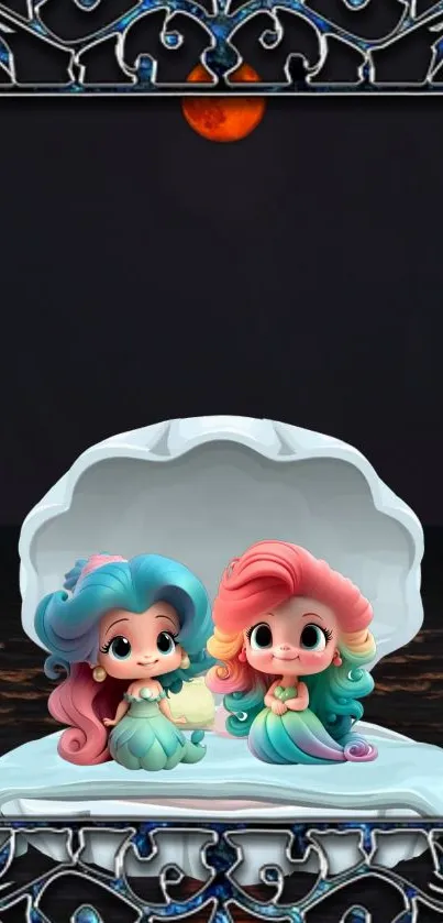 Cute mermaids in a pearl shell against a dark ocean background.