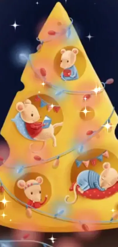 Adorable cartoon mice sleeping inside a cheese tower with festive lights.