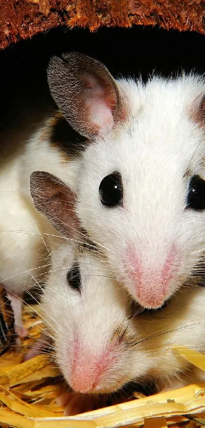 Three cute mice nestled inside a wooden shelter with straw bedding.