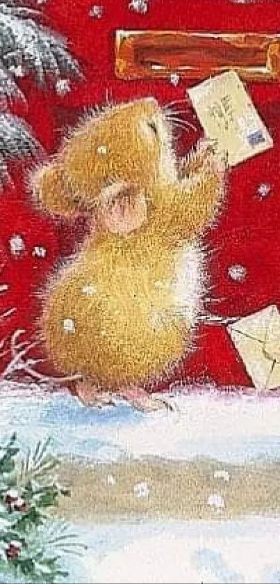 Two mice deliver letters by a red door in a snowy winter scene.