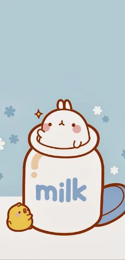 Cute cartoon animal in milk carton wallpaper with sky blue background.