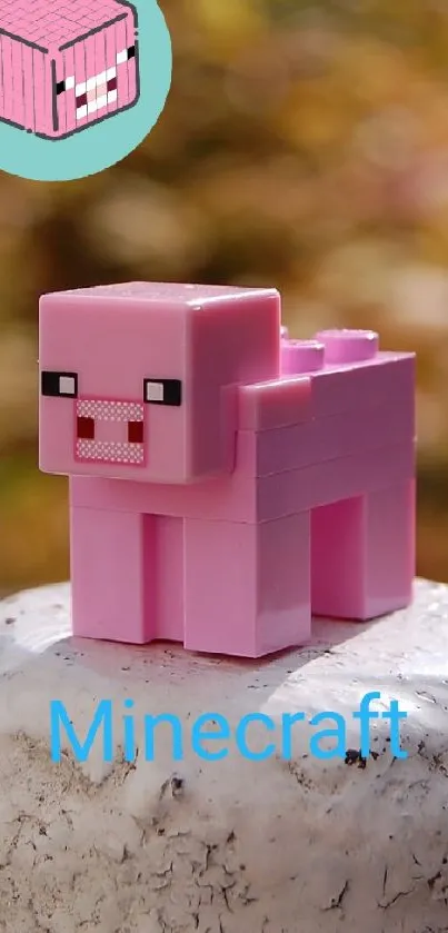 Cute Minecraft pig on a pedestal with an autumn background.