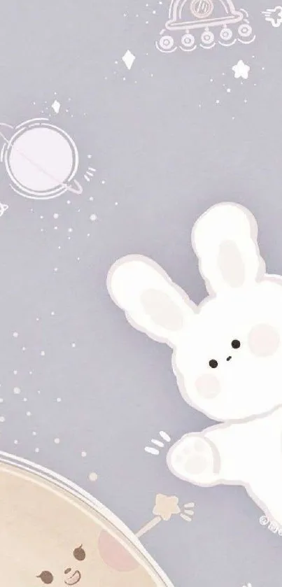 Cute bunny in space-themed minimalist wallpaper