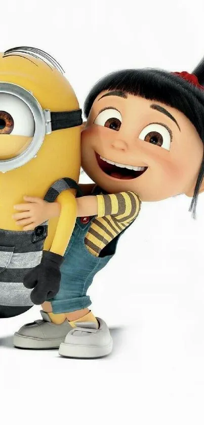 Cute minion hugging a smiling girl on wallpaper.