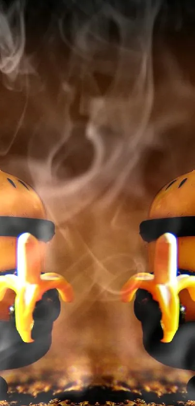 Two Minions holding bananas on a brown background.