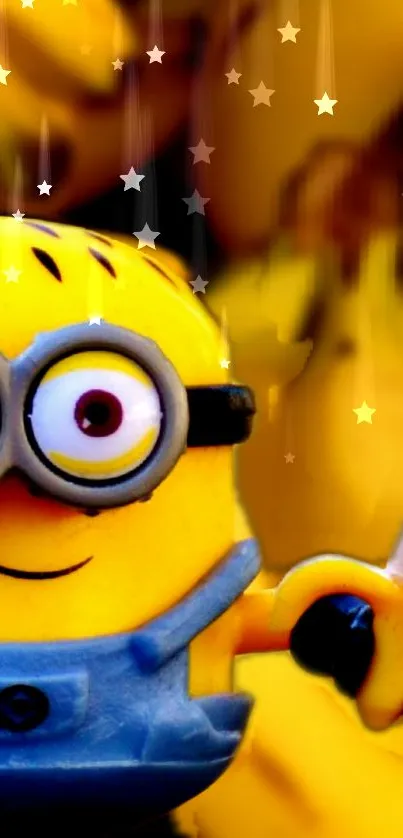 Adorable Minion holding a banana on a vibrant yellow background.