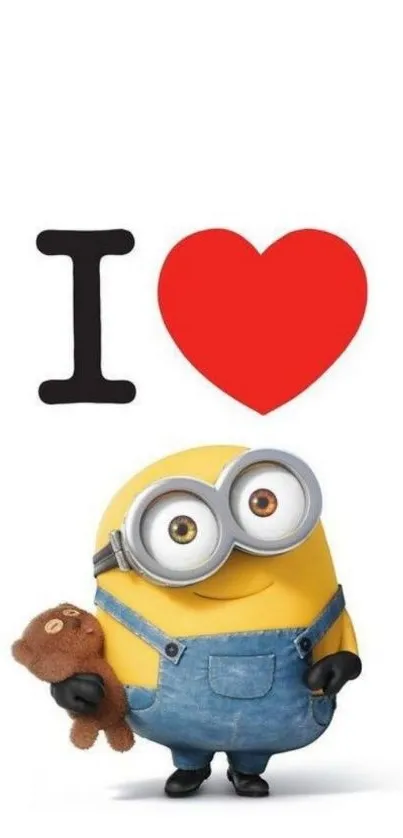 Minion holding teddy with heart symbol on white background.