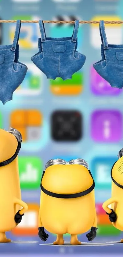 Adorable yellow minions with denim overalls on a colorful phone wallpaper.