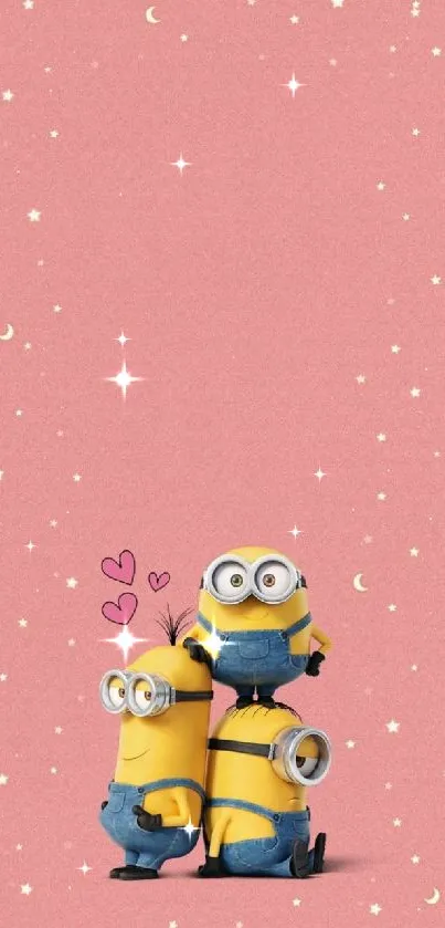 Charming minions on a pink background with stars and hearts.