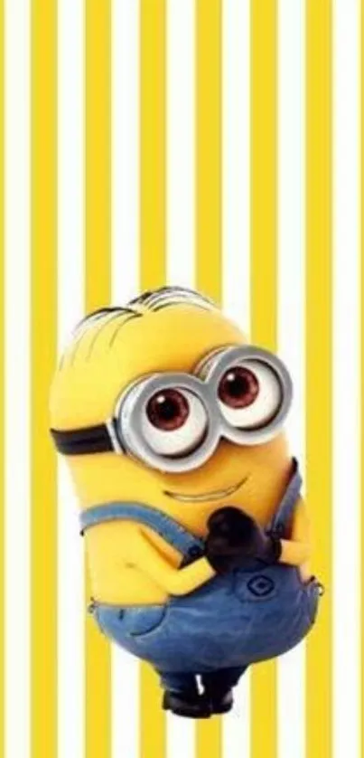 Cute minion on yellow and white striped background wallpaper.